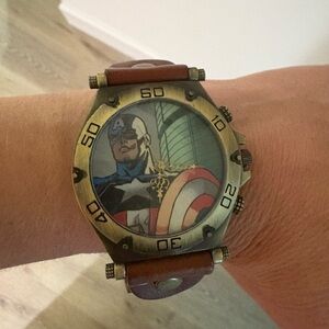 Captain America Themed Watch with Brown Leather Strap